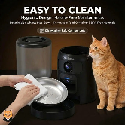 Taleboss 5L Smart Wifi Automatic Pet Food Dispenser for Kibble with Dual HD Cameras, 130° Wide Angle, Night Vision, Icam365 App Control, 2-Way Audio, Feeding Tray, Interactive Play Teaser Toy, Training Accessories for Indoor Cats