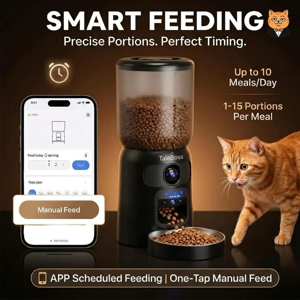 Taleboss 5L Smart Wifi Automatic Pet Food Dispenser for Kibble with Dual HD Cameras, 130° Wide Angle, Night Vision, Icam365 App Control, 2-Way Audio, Feeding Tray, Interactive Play Teaser Toy, Training Accessories for Indoor Cats