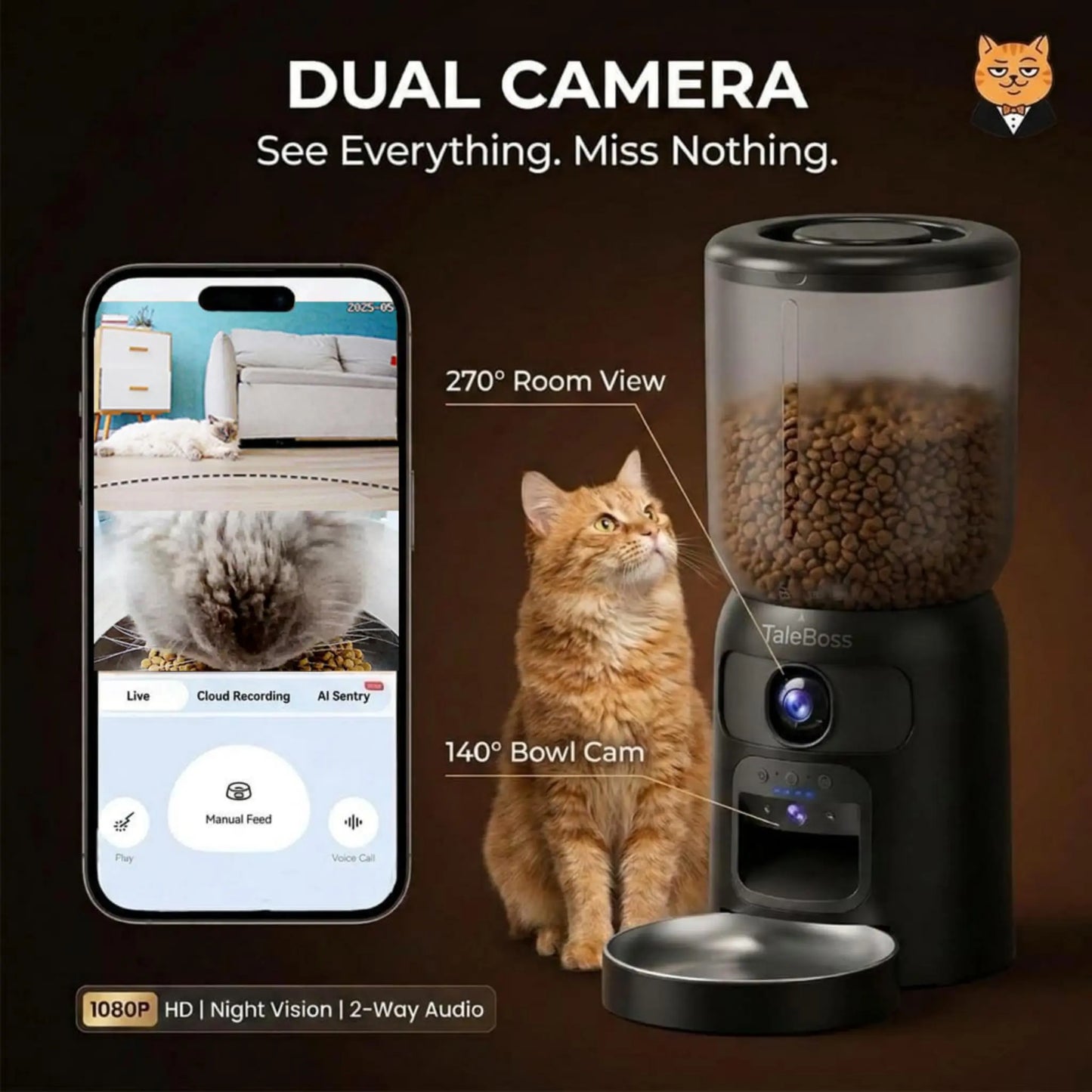 Taleboss 5L Smart Wifi Automatic Pet Food Dispenser for Kibble with Dual HD Cameras, 130° Wide Angle, Night Vision, Icam365 App Control, 2-Way Audio, Feeding Tray, Interactive Play Teaser Toy, Training Accessories for Indoor Cats