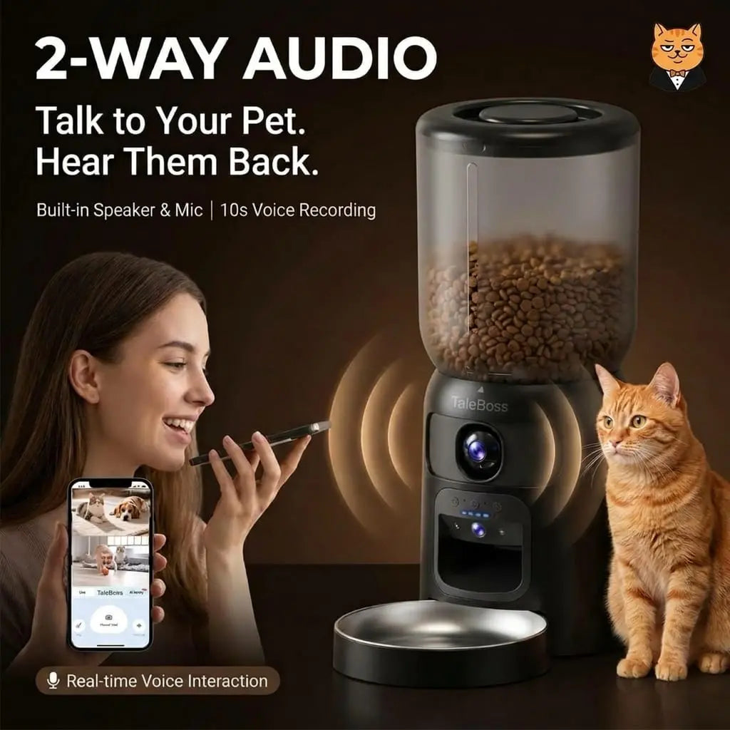 Taleboss 5L Smart Wifi Automatic Pet Food Dispenser for Kibble with Dual HD Cameras, 130° Wide Angle, Night Vision, Icam365 App Control, 2-Way Audio, Feeding Tray, Interactive Play Teaser Toy, Training Accessories for Indoor Cats
