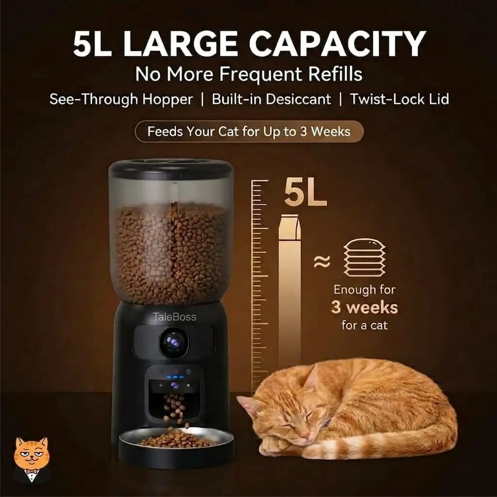 Taleboss 5L Smart Wifi Automatic Pet Food Dispenser for Kibble with Dual HD Cameras, 130° Wide Angle, Night Vision, Icam365 App Control, 2-Way Audio, Feeding Tray, Interactive Play Teaser Toy, Training Accessories for Indoor Cats