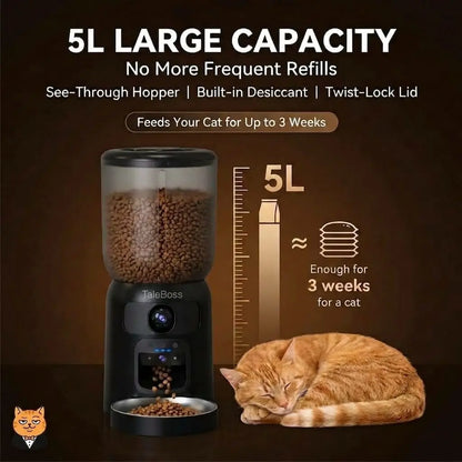 Taleboss 5L Smart Wifi Automatic Pet Food Dispenser for Kibble with Dual HD Cameras, 130° Wide Angle, Night Vision, Icam365 App Control, 2-Way Audio, Feeding Tray, Interactive Play Teaser Toy, Training Accessories for Indoor Cats