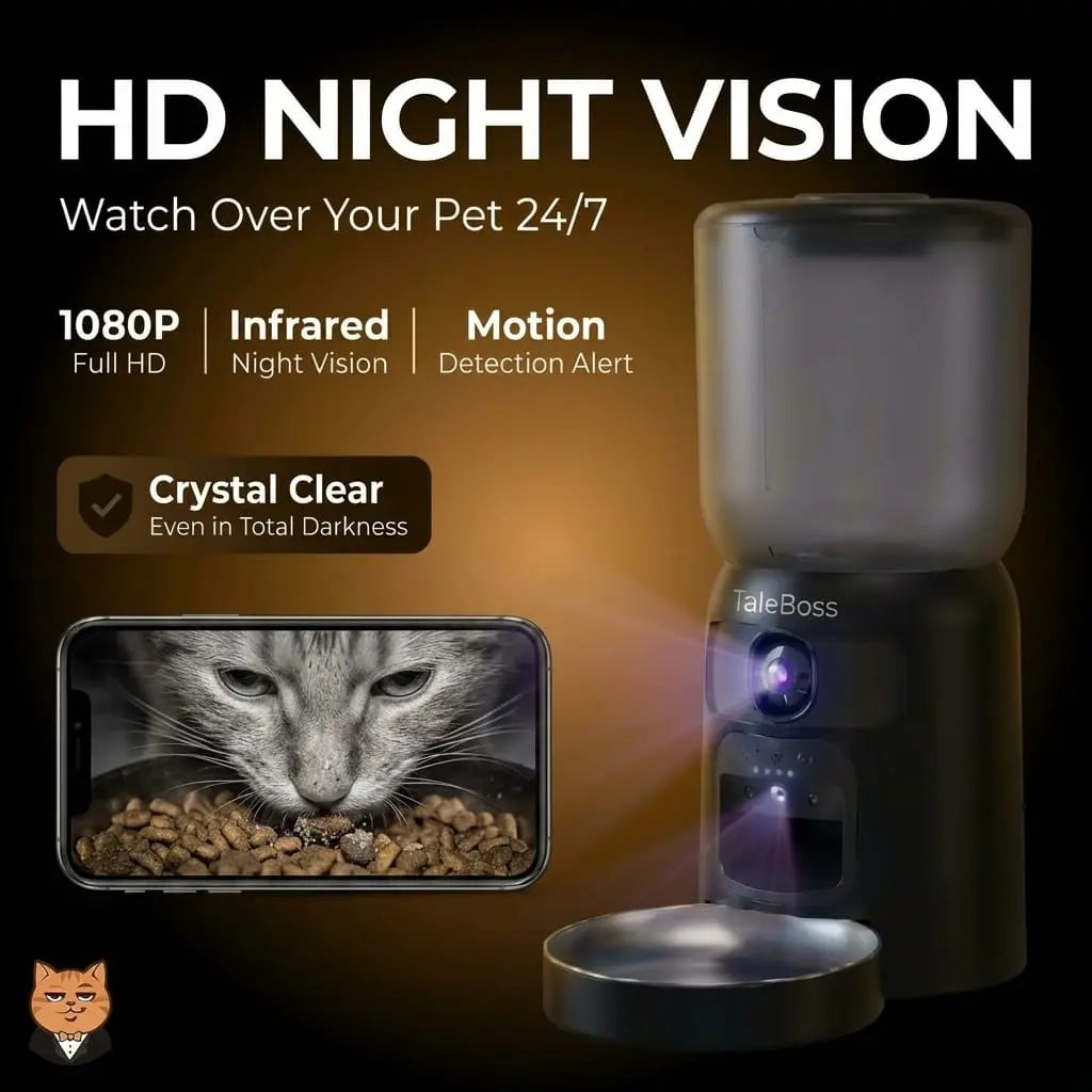 Taleboss 5L Smart Wifi Automatic Pet Food Dispenser for Kibble with Dual HD Cameras, 130° Wide Angle, Night Vision, Icam365 App Control, 2-Way Audio, Feeding Tray, Interactive Play Teaser Toy, Training Accessories for Indoor Cats