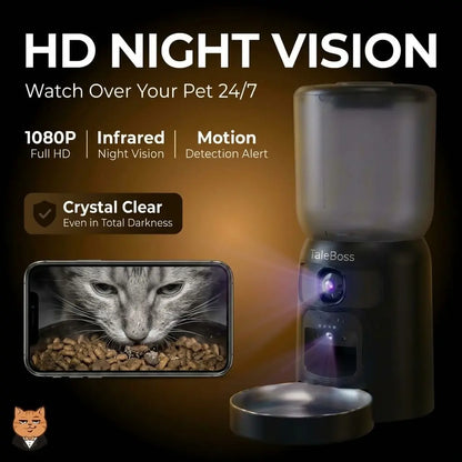 Taleboss 5L Smart Wifi Automatic Pet Food Dispenser for Kibble with Dual HD Cameras, 130° Wide Angle, Night Vision, Icam365 App Control, 2-Way Audio, Feeding Tray, Interactive Play Teaser Toy, Training Accessories for Indoor Cats