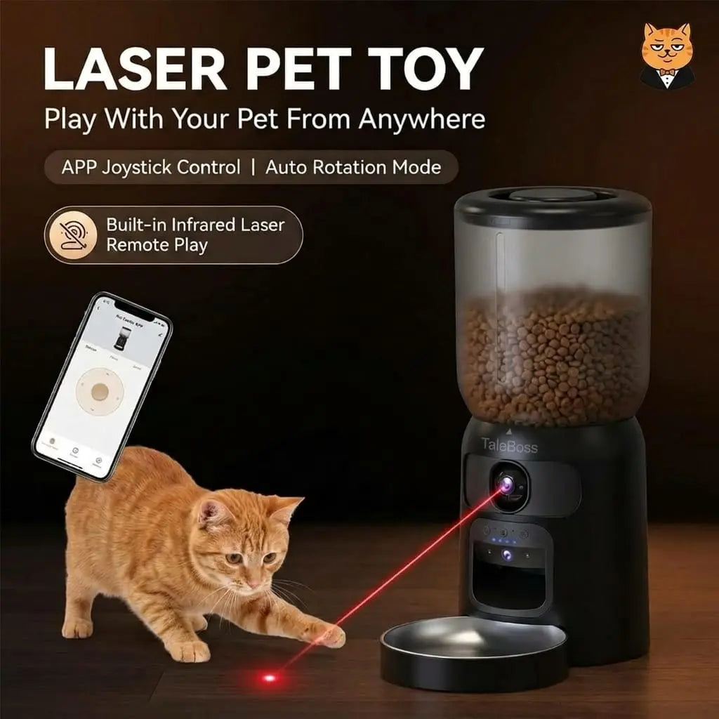 Taleboss 5L Smart Wifi Automatic Pet Food Dispenser for Kibble with Dual HD Cameras, 130° Wide Angle, Night Vision, Icam365 App Control, 2-Way Audio, Feeding Tray, Interactive Play Teaser Toy, Training Accessories for Indoor Cats
