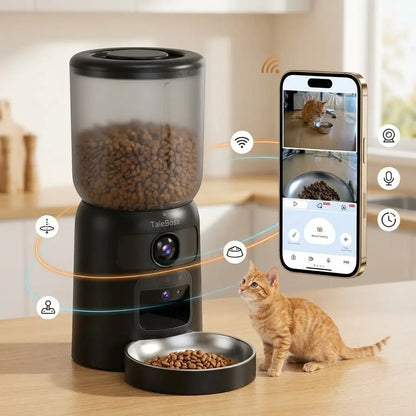 Taleboss 5L Smart Wifi Automatic Pet Food Dispenser for Kibble with Dual HD Cameras, 130° Wide Angle, Night Vision, Icam365 App Control, 2-Way Audio, Feeding Tray, Interactive Play Teaser Toy, Training Accessories for Indoor Cats